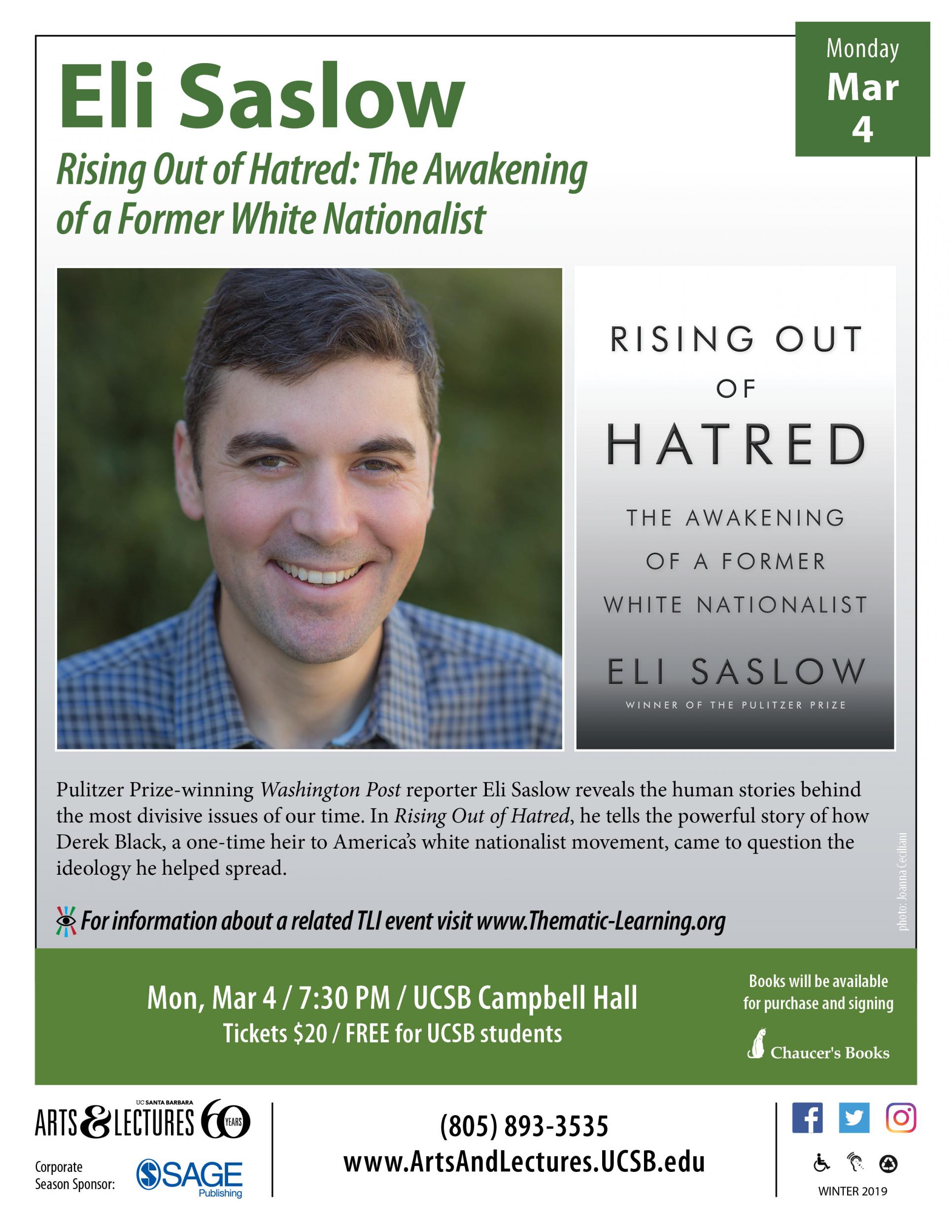 Rising Out of Hatred: The Awakening of a Former White Nationalist, with Eli Saslow Event Image