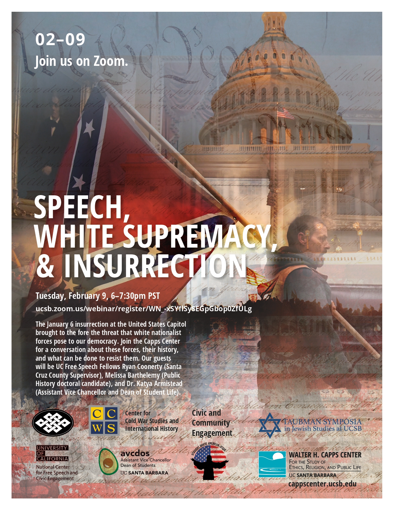 Speech, White Supremacy, and Insurrection, with Ryan Coonerty, Melissa Barthelemy, and Katya Armistead Event Image
